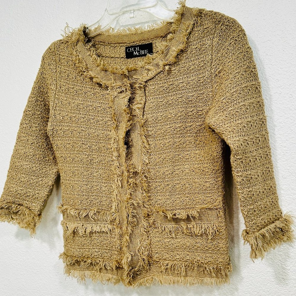 Cecil McBee Cardigan Sweater Dark Tan Metallic Gold Thread Women's US Size Small